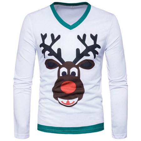 New Fashion Trend 3D Cartoon Deer Printing V-Neck Long-Sleeved T-Shirt